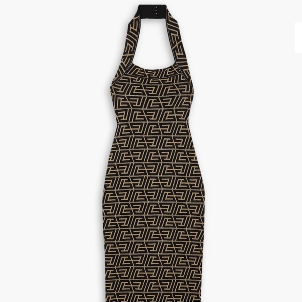 BALMAIN Geometric Patterned Black and Gold Halter Dress